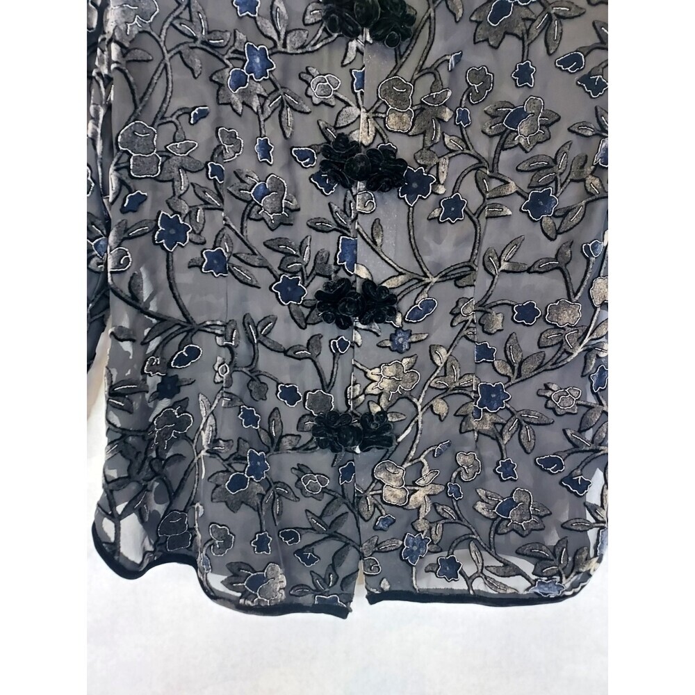 Anis A Velvet Burnout Blouse Women S Silk Floral Black Asian Inspired Frog Clasp - Picture 6 of 16